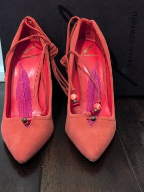 Brian Atwood Coral Suede Pointed Lace-Up Heels with Pink Embroidery